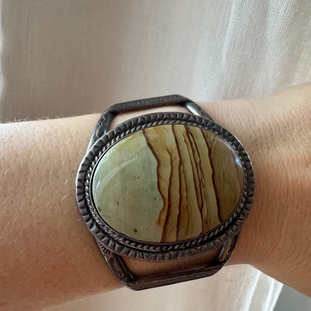 Vintage Native American Jasper Picture Rock Sterling Silver Signed Cuff Bracelet